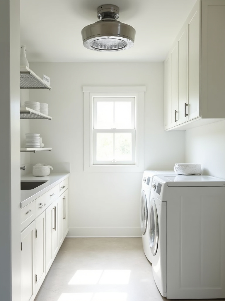 A modern mudroom laundry room with efficient ventilation systems, including a ceiling exhaust fan and properly vented dryer, designed to optimize airflow and prevent humidity.