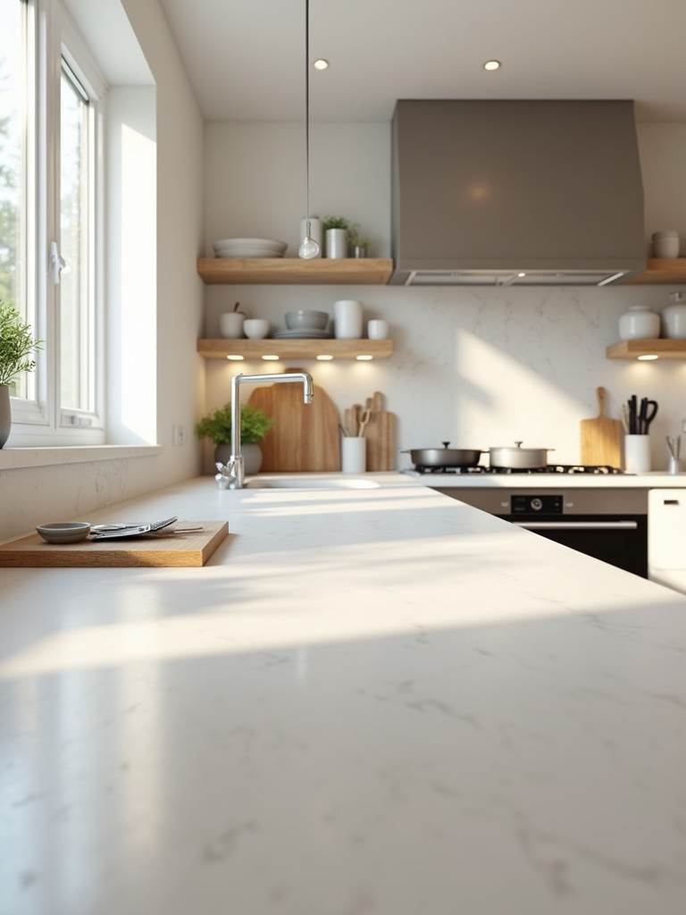 Modern kitchen with defined work zones and organized countertops