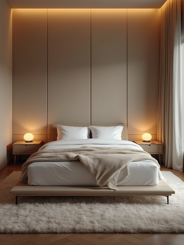 A meticulously arranged cozy bedroom interior, highlighting a neatly made bed positioned against a prominent solid wall, framed by twin nightstands and warm lamps. Ample clear space surrounds the bed, emphasizing easy flow. The room is softly lit, conveying a serene and inviting atmosphere, without showing people.
