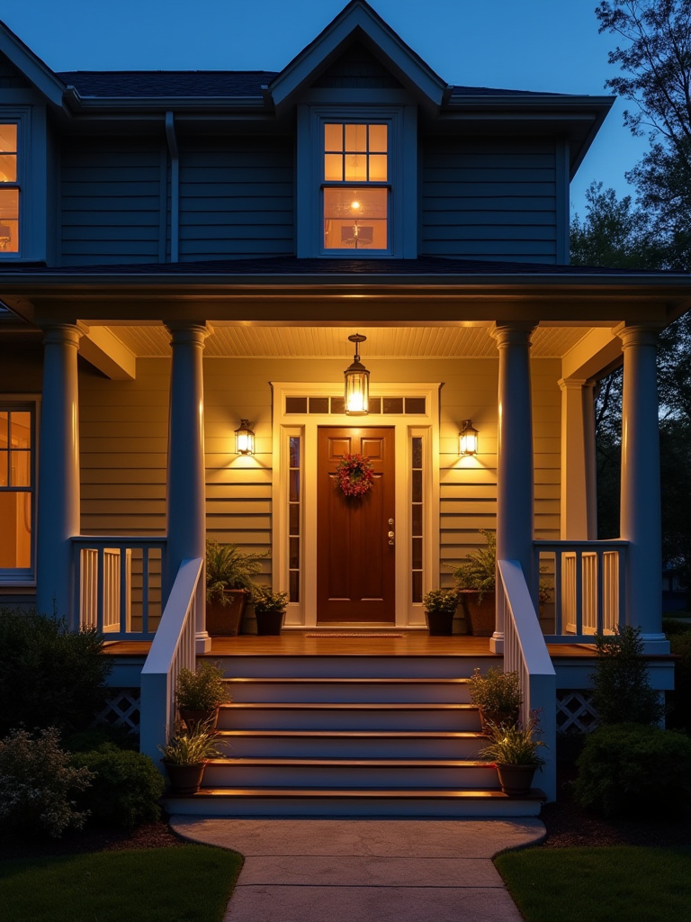 Twilight porch with layered overhead, wall sconces, and step lights
