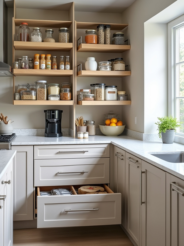 Interior view of a modern kitchen pantry with integrated pull-out shelves, custom drawer organizers, and tiered spice racks, showcasing efficient and elegant storage solutions.