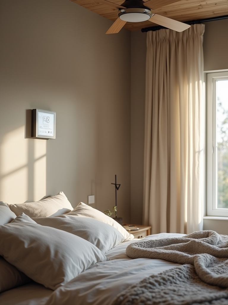 Cozy bedroom with smart thermostat, layered bedding, and thermal curtains for optimal temperature.