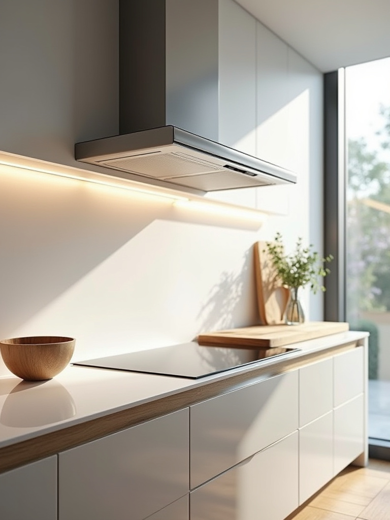 Sleek, wall-mounted kitchen ventilation hood integrated into minimalist cabinetry above an induction cooktop in a contemporary kitchen, emphasizing efficient odor and moisture control.
