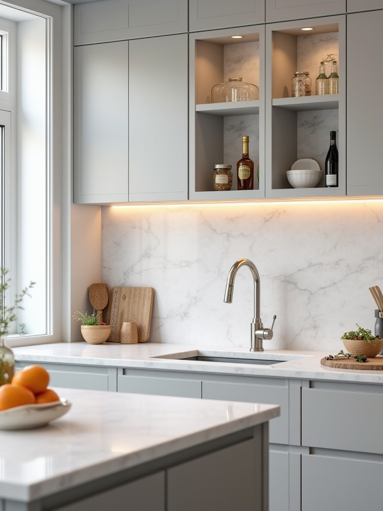 Portrait kitchen shot showing integrated backsplash storage above the counter