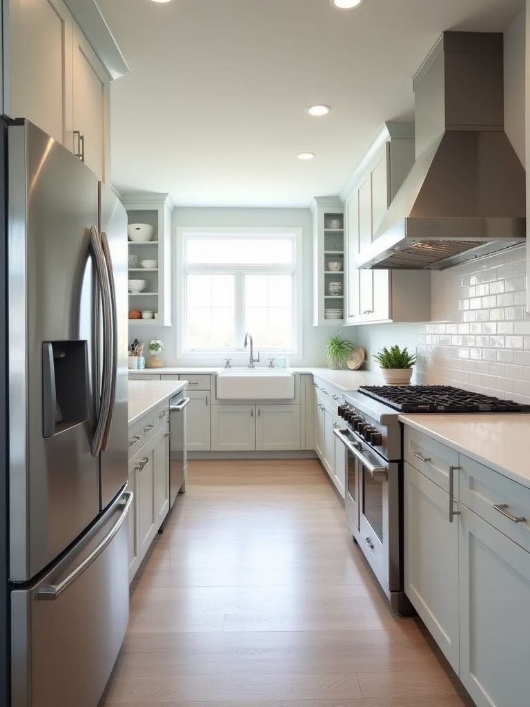 Modern kitchen with optimal kitchen triangle layout featuring a prominent sink, refrigerator, and professional range arranged for efficient workflow, with light countertops and an organized feel.