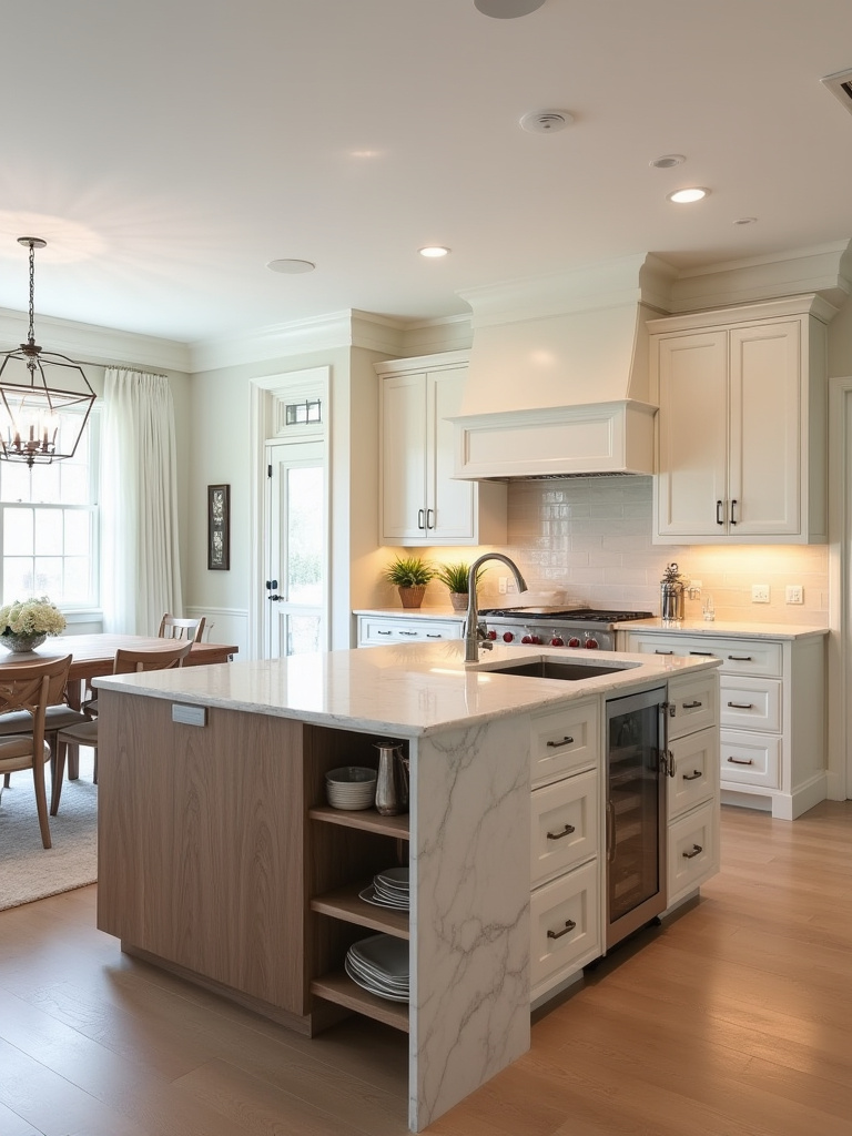Luxurious kitchen island designed for multitasking with seating and storage