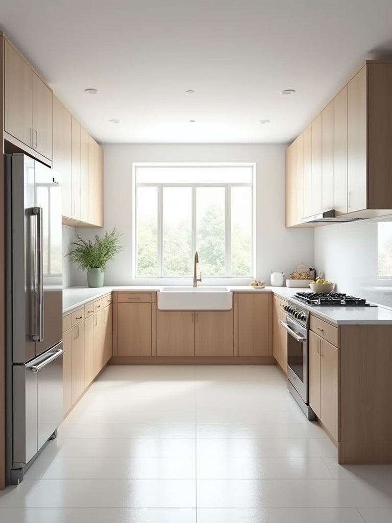 Efficient U-shaped kitchen with clear work triangle, refrigerator, sink, and range optimally positioned.