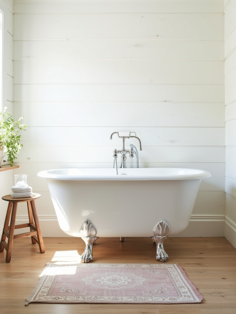 Elegant freestanding clawfoot tub with brushed nickel feet and floor-mounted faucet as a vintage centerpiece in a bright farmhouse bathroom with shiplap walls and a soft runner rug.