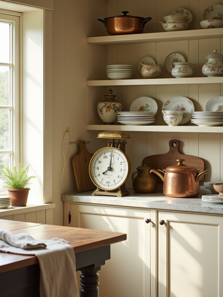 Antique and vintage kitchen accessories on open shelving