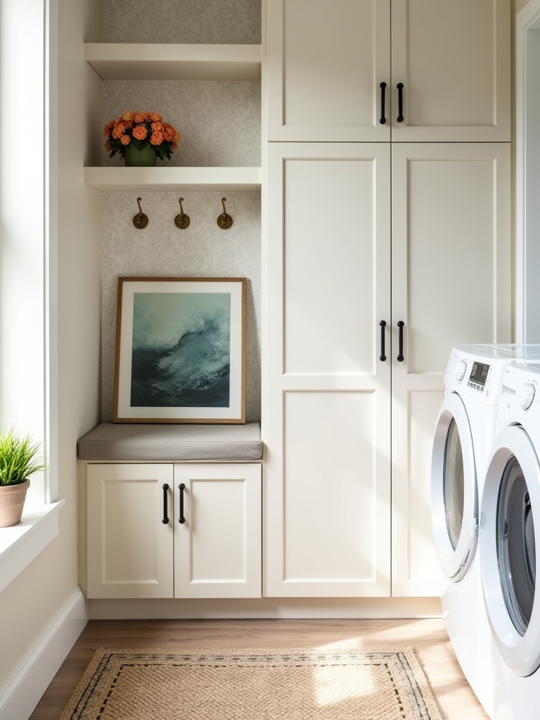 A cozy mudroom and laundry room featuring custom cabinetry, vintage brass hooks, matte black cabinet pulls, an abstract art piece, and a potted plant, demonstrating personalized decorative accents and functional hardware.
