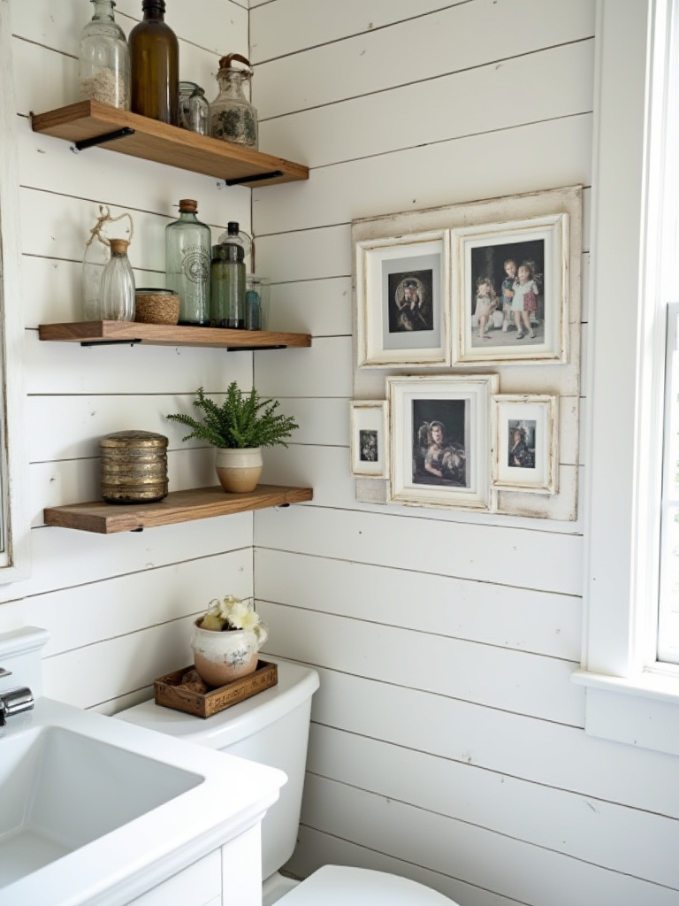 Farmhouse bathroom corner featuring a rustic shelf with antique glass bottles, a vintage metal tin, and a wall collage of humidity-resistant framed family photos, showcasing personalized decor.