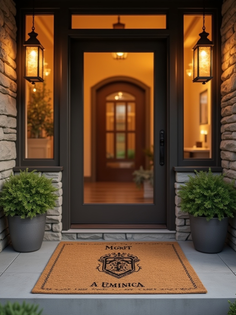 Portrait of a front entry with a personalized doormat featuring a subtle non-text motif