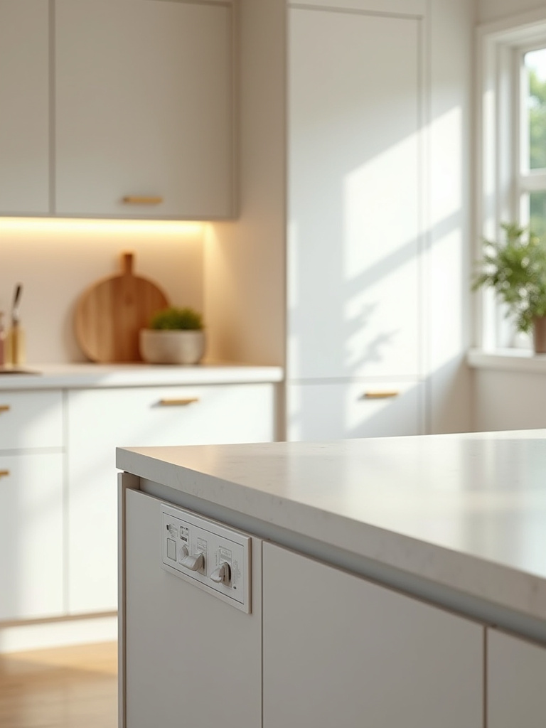 Portrait of a modern kitchen with strategically placed outlets and switches, no people
