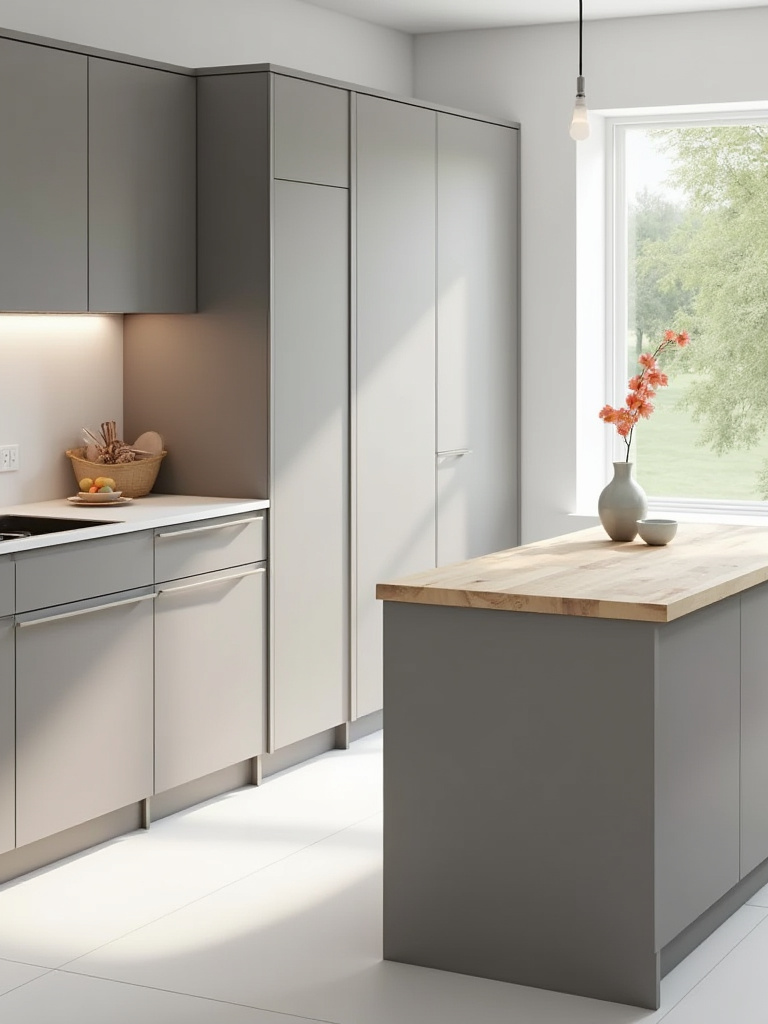 A modern, adaptable kitchen featuring neutral modular cabinetry, hidden tech readiness with subtle outlets, and a flexible movable island. The space is designed for future evolution and enduring style, embodying kitchen adaptability design principles.
