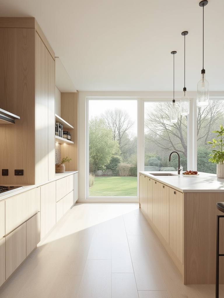 A professional photo of a modern kitchen interior, showcasing a flexible design with modular neutral cabinetry and sleek countertops, illustrating future adaptability.