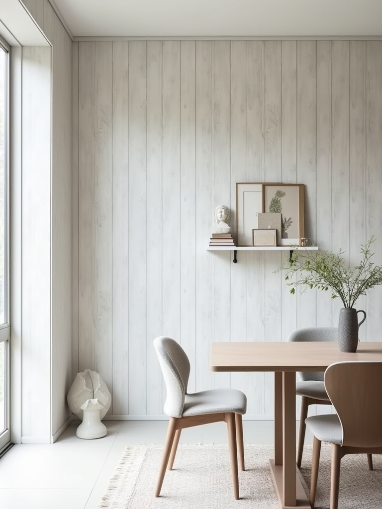 A contemporary dining room featuring a shiplap accent wall with peel-and-stick geometric wallpaper and modular art, designed for easy updates.