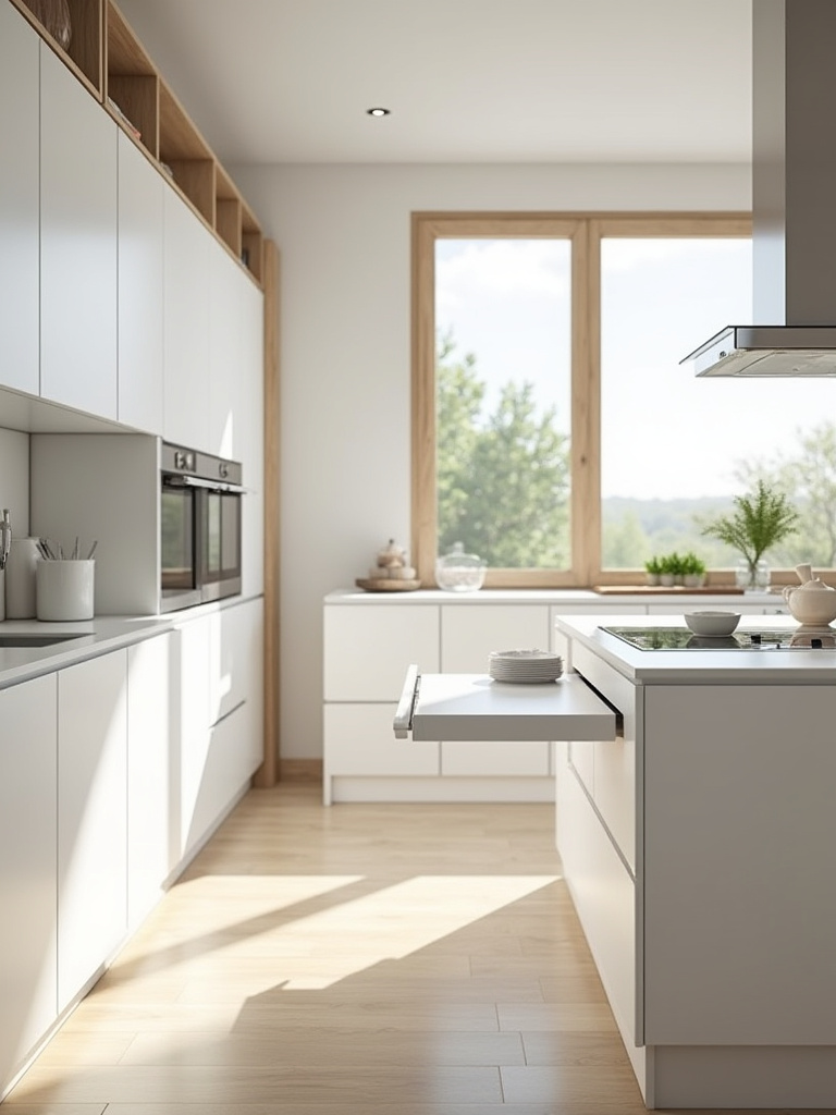 Modern kitchen designed for future flexibility with modular cabinetry, mobile island, multi-functional zones, and seamless smart tech integration, emphasizing adaptable design.