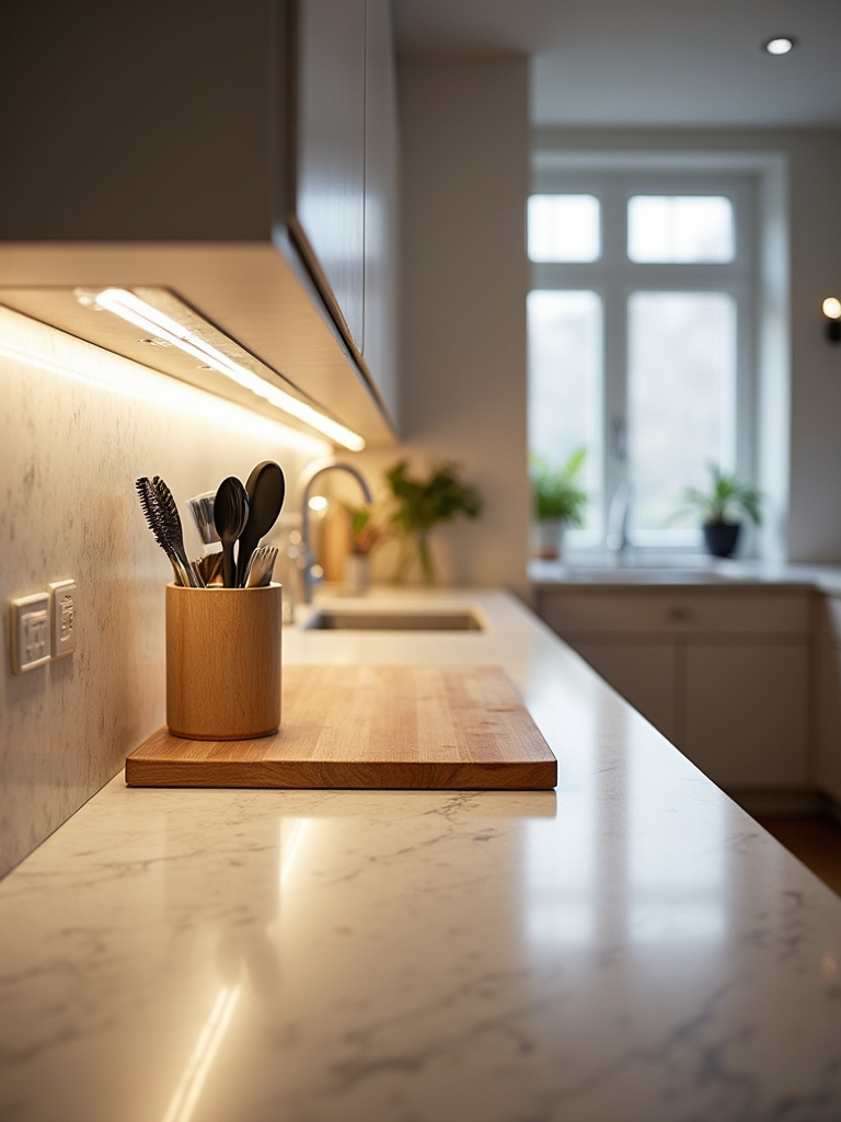 Modern kitchen countertop with strategic under-cabinet LED task lighting brightly illuminating the workspace, ensuring no shadows for efficient and safe food preparation.