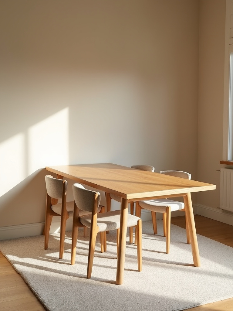 A stylish small dining room featuring a rectangular dining table and chairs positioned diagonally, creating an illusion of depth and expanded space. The room has soft lighting and neutral decor, enhancing the visual effect of diagonal furniture placement.