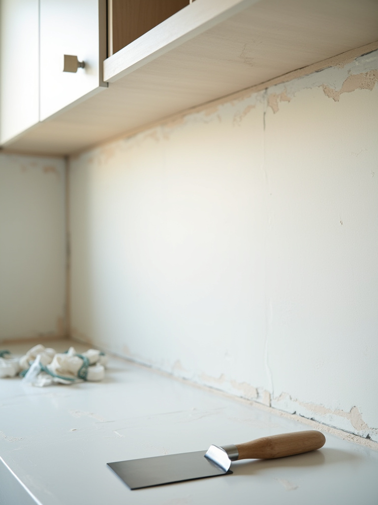 Portrait of a prepped kitchen wall ready for backsplash with patches and primer