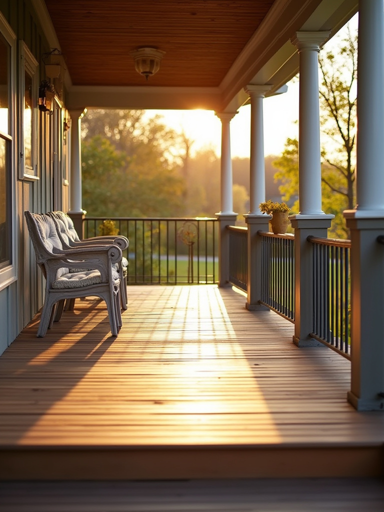 Vertical portrait shot of a season-ready porch with fresh sealant and clean surfaces