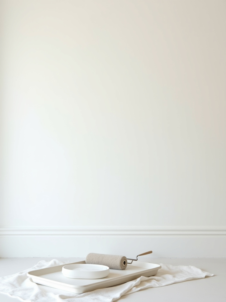 Close-up of a pristine, white-primed dining room accent wall with a paint roller and tray, emphasizing meticulous wall preparation for flawless application.