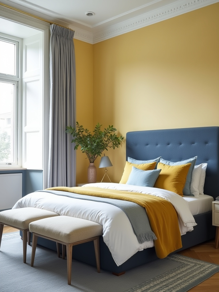 Portrait view of a balanced yellow and cool-toned bedroom