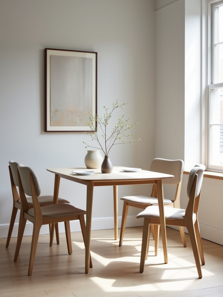 A compact dining room featuring a dining table with four elegant, armless dining chairs that have slender, tapered legs, creating an open and spacious feel in a small area.