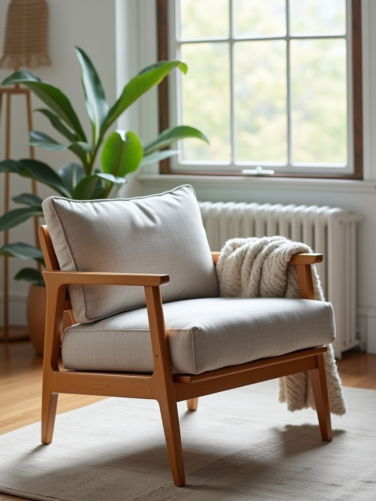 Modern ergonomic living room armchair with lumbar support, plush cushioning, natural wood accents, and a soft throw blanket in a professional portrait shot.