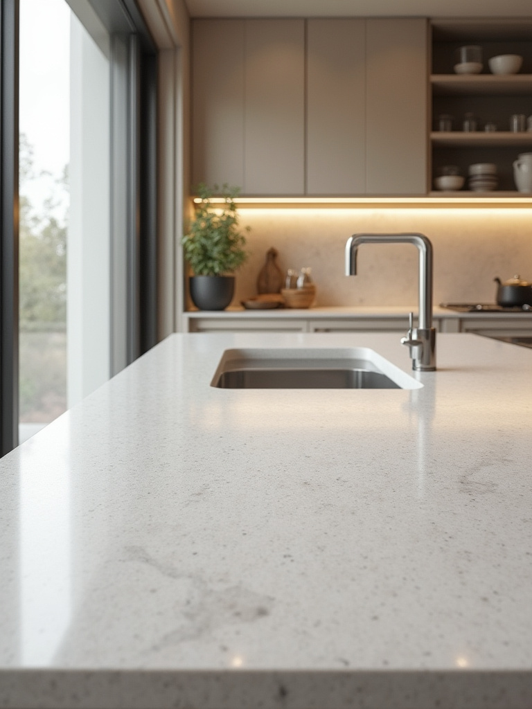 Portrait of a modern kitchen with durable quartz countertop and porcelain backsplash