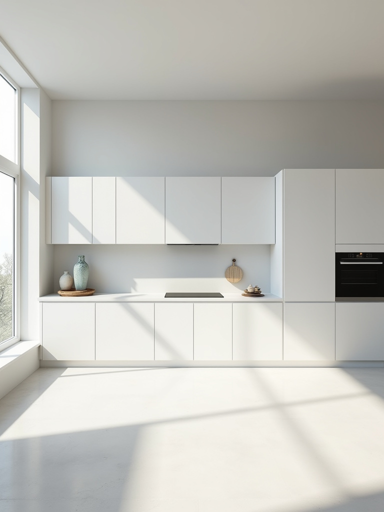 A modern minimalist kitchen featuring integrated white cabinetry, hidden appliances, and a clean, clutter-free counter, emphasizing minimalist design principles for a serene aesthetic.