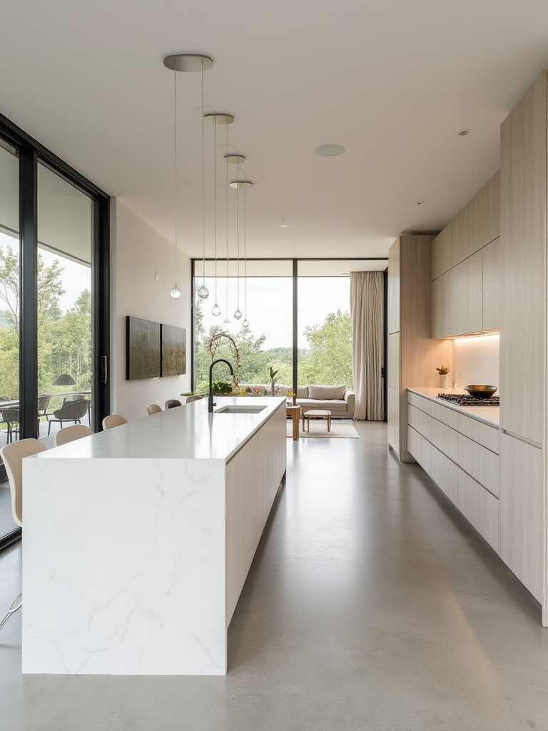 Bright, open-concept contemporary kitchen seamlessly flowing into a dining and living area with a large central island, large windows, and a minimalist design.