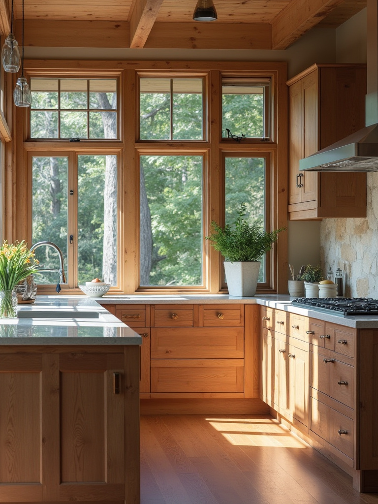 Luxurious kitchen featuring FSC-certified wood cabinets, reclaimed timber island, and recycled glass countertops.