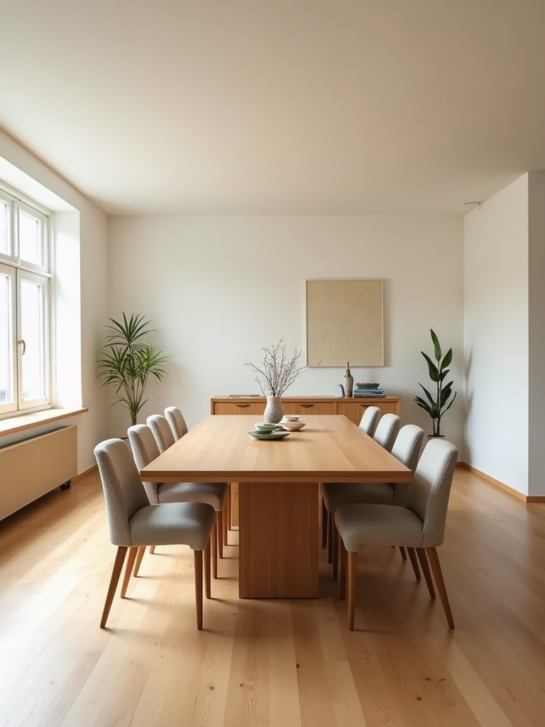 Rectangular dining table with eight chairs in a warm, modern dining room