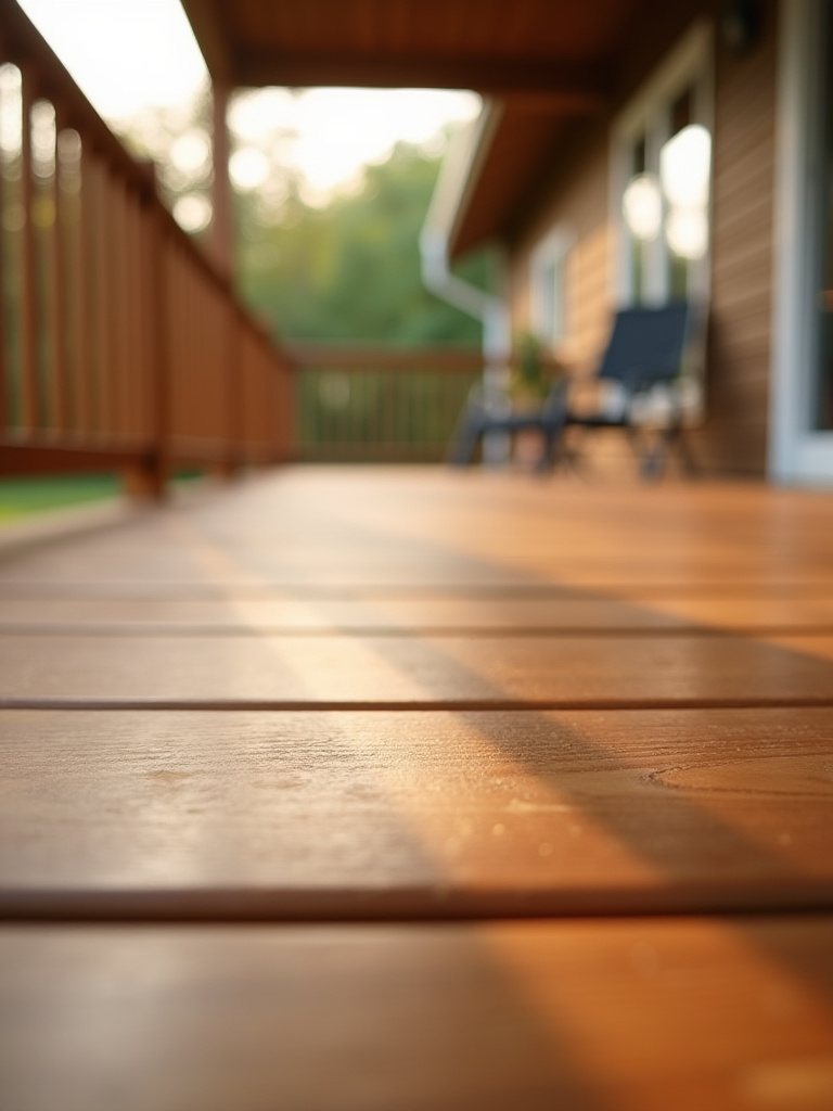 Portrait view of a sunlit wooden porch deck with a fresh protective sealant finish