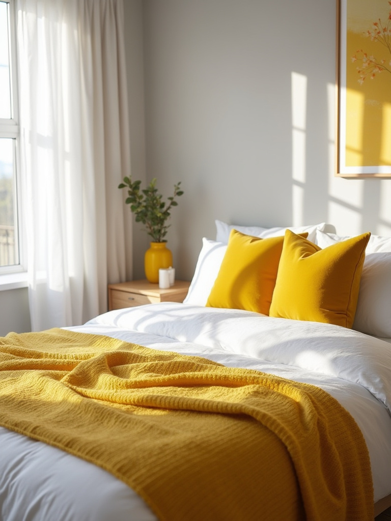 Bedroom with yellow accents and neutral bedding, refreshed look
