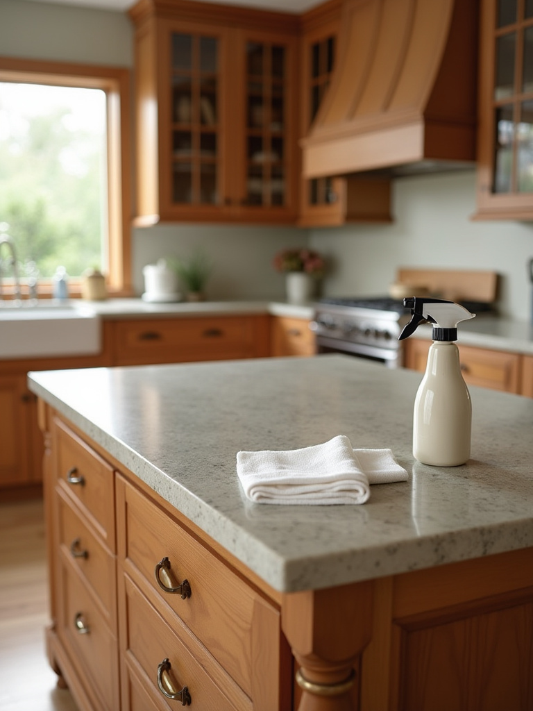 Portrait view of a traditional kitchen showing stone countertops, wood cabinets, and brass hardware with care-ready surfaces