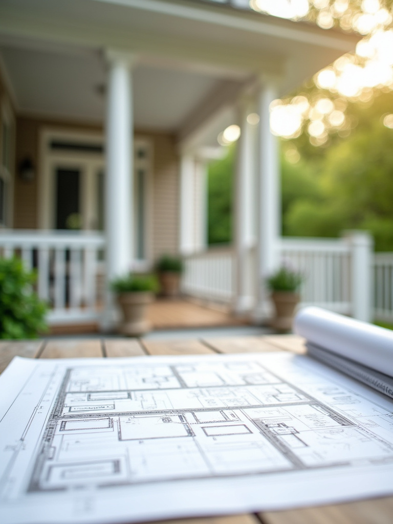 Portrait of porch planning with drawings and site plan (no text)