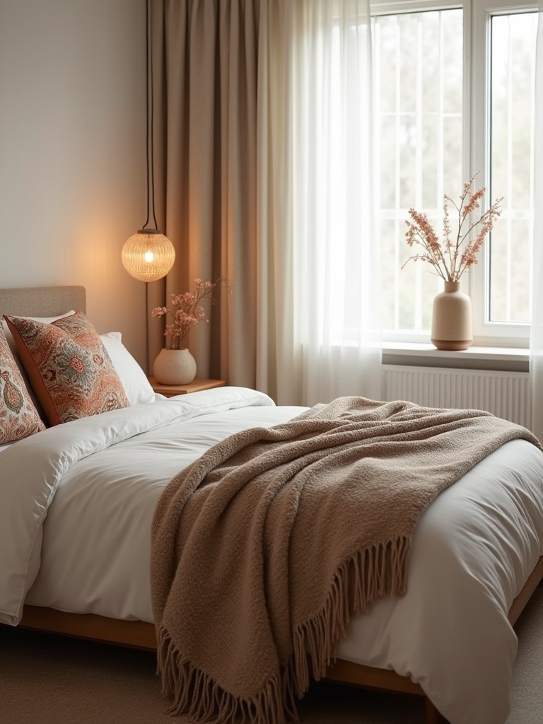 Bedroom with rotating seasonal decor, cozy textiles, warm colors, natural light, inviting atmosphere, minimalist aesthetic.