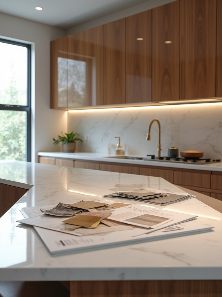 Portrait shot of a luxury kitchen design studio with mood boards and premium materials, vertical orientation
