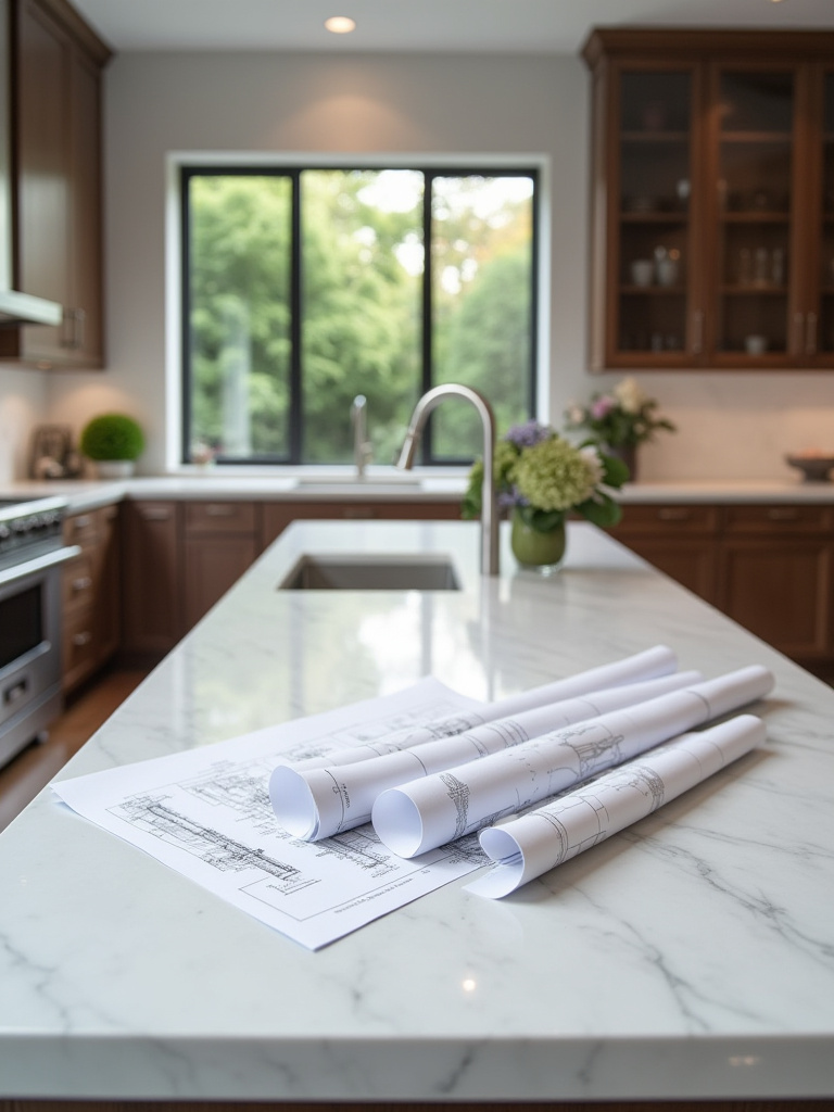 Sophisticated modern kitchen interior with architectural blueprints, symbolizing professional design and error prevention.