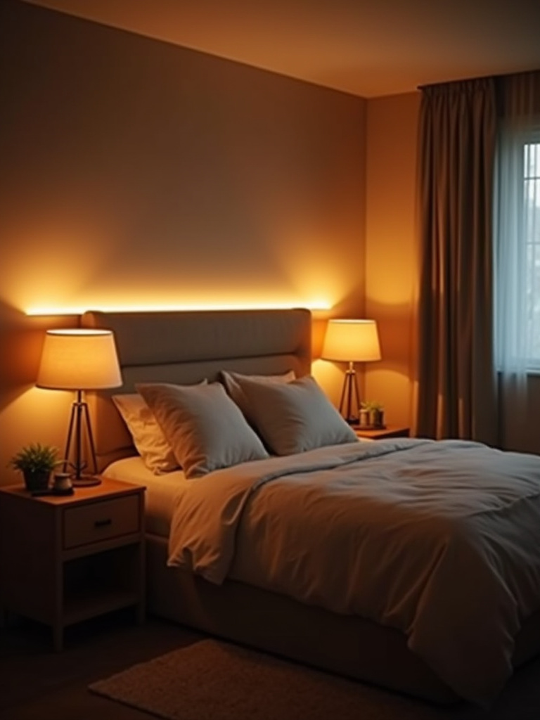 A cozy bedroom at night with multiple warm ambient lighting fixtures creating a soft, inviting glow and relaxing atmosphere.