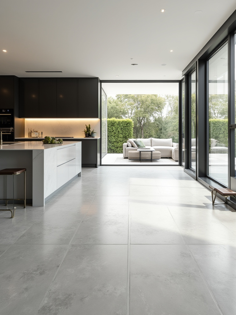 Modern open-plan kitchen with continuous light gray polished porcelain tile flooring extending into the living area, showcasing visual flow and spaciousness. No people.
