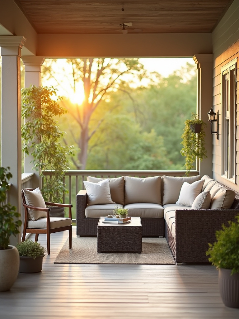 Vertical porch scene with modular weather-resistant outdoor furniture, plants, and warm lighting