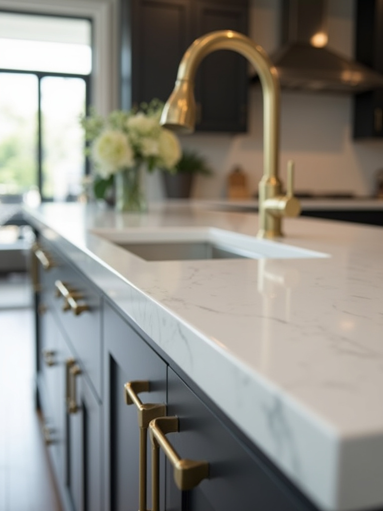 Portrait of a modern kitchen highlighting complementary hardware finishes with a quartz countertop.