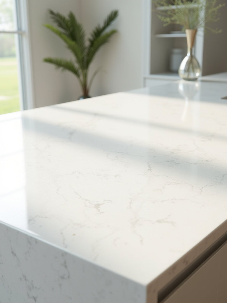 A close-up view of a sleek, durable quartz kitchen countertop with subtle veining, reflecting natural light, surrounded by a modern kitchen setting.