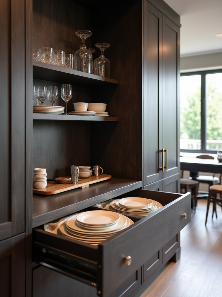 Modern kitchen with open, stylish, durable dark wood cabinets revealing optimized internal storage solutions, pull-out shelves, and drawer organizers.
