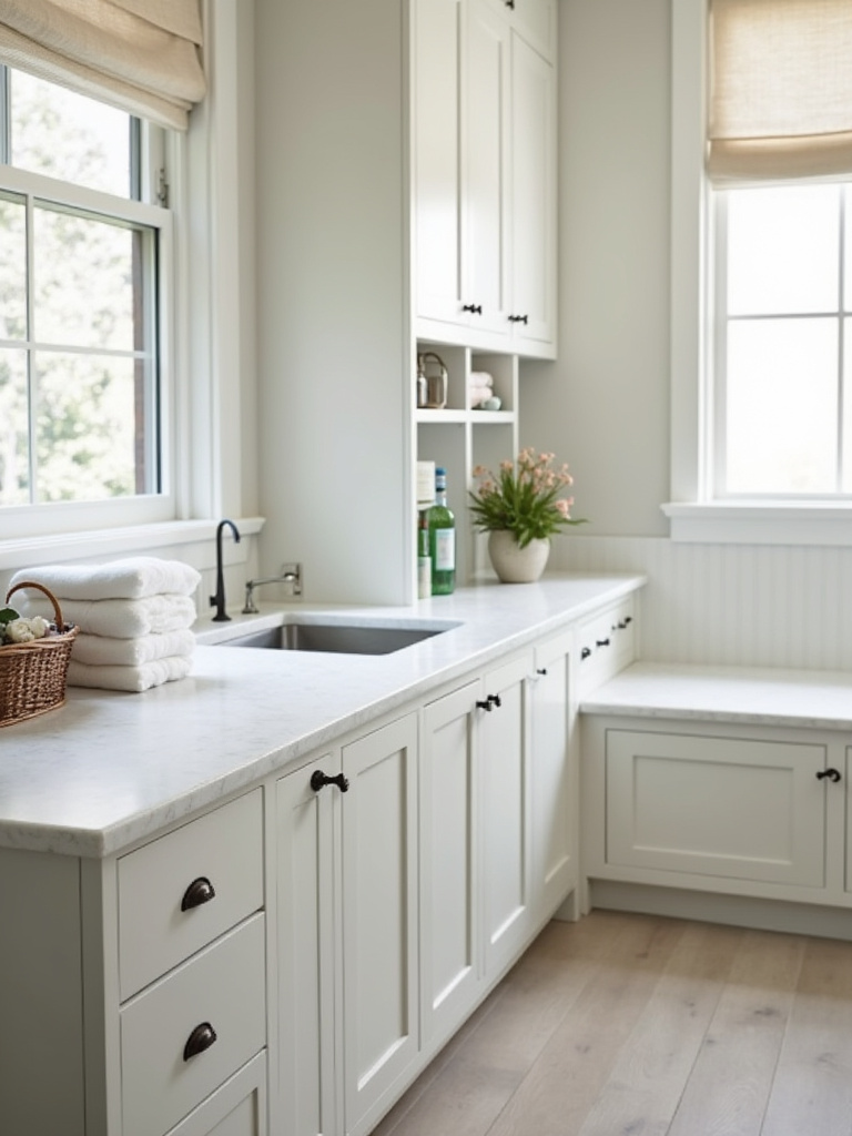 A clean and organized mudroom laundry room featuring a large, durable quartz countertop used for folding and storage, with neatly folded towels and a decorative basket.