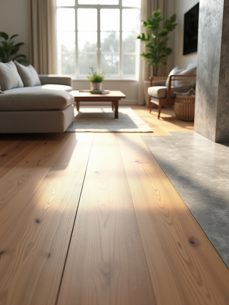 Engineered hardwood, luxury vinyl plank, and porcelain tile flooring samples arranged in a stylish living room setting under natural light, showcasing durable and visually appealing options.