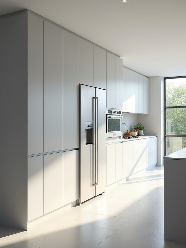 Contemporary kitchen featuring integrated, panel-ready, energy-efficient refrigerator and dishwasher, hidden behind minimalist cabinet panels, showcasing a sleek and seamless design.